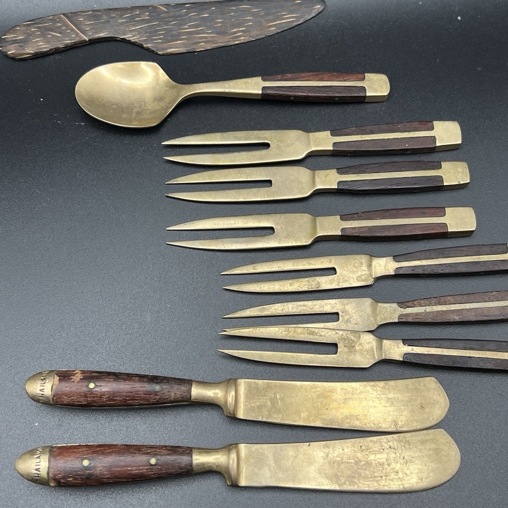 VTG Brass & Wood Demitasse Forks Knives & Spoon -‎ Lot of 10 - Thailand - Unique